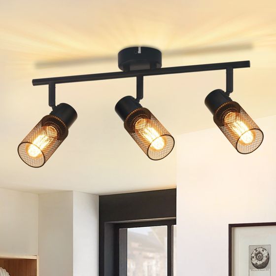 NETTLIFE Taklampa, 3 poäng, svart, vintagestil, E27, vridbar, 330°, metallskärm max. 25 W, utan glödlampa.