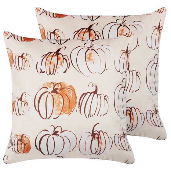 Set med 2 prydnadskuddar CUCURBITA 45 x 45 cm Sammet Beige Växtmotiv
