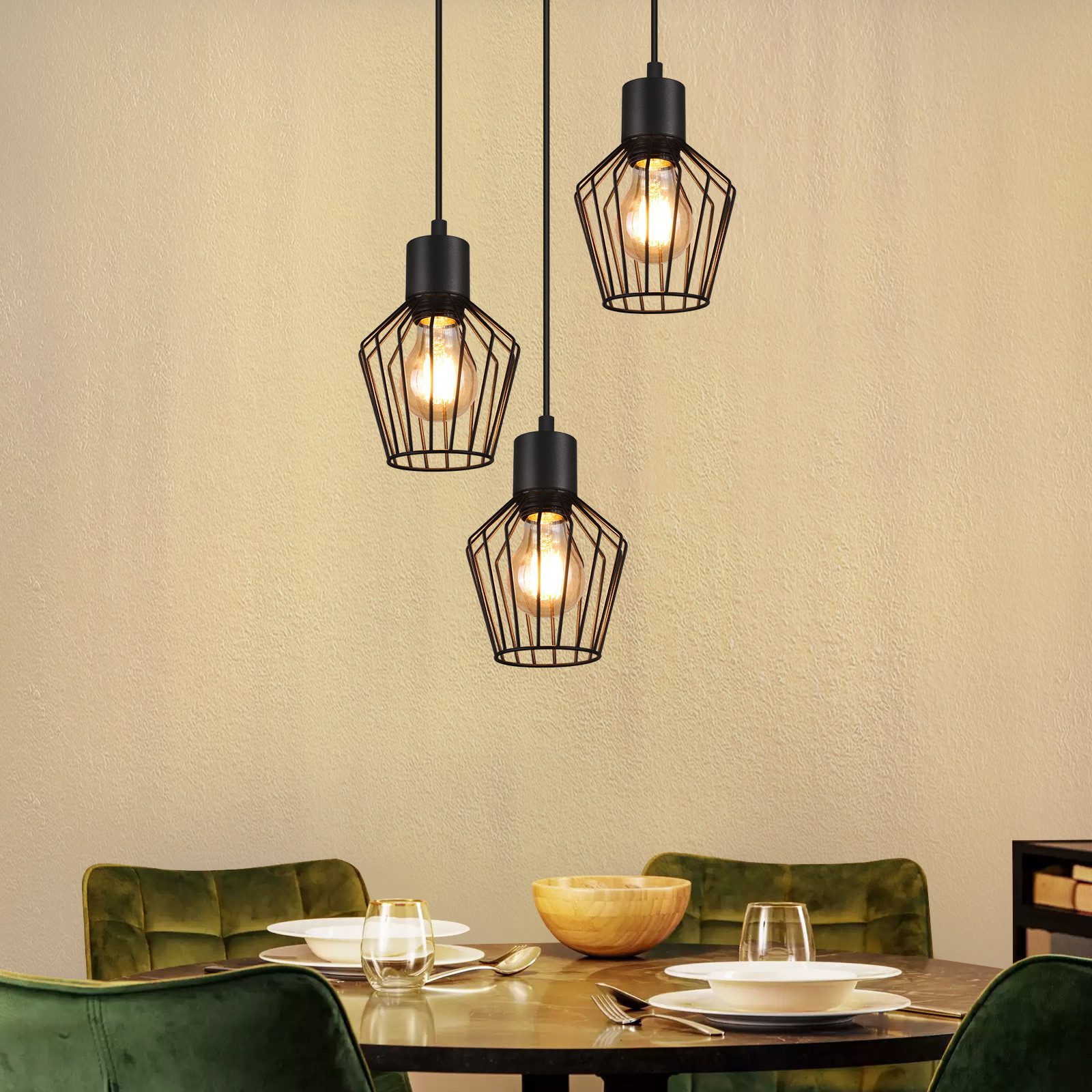 NETTLIFE Pendellampa, 3 ljuskällor, rund, svart, LED, E27, metall, retro
