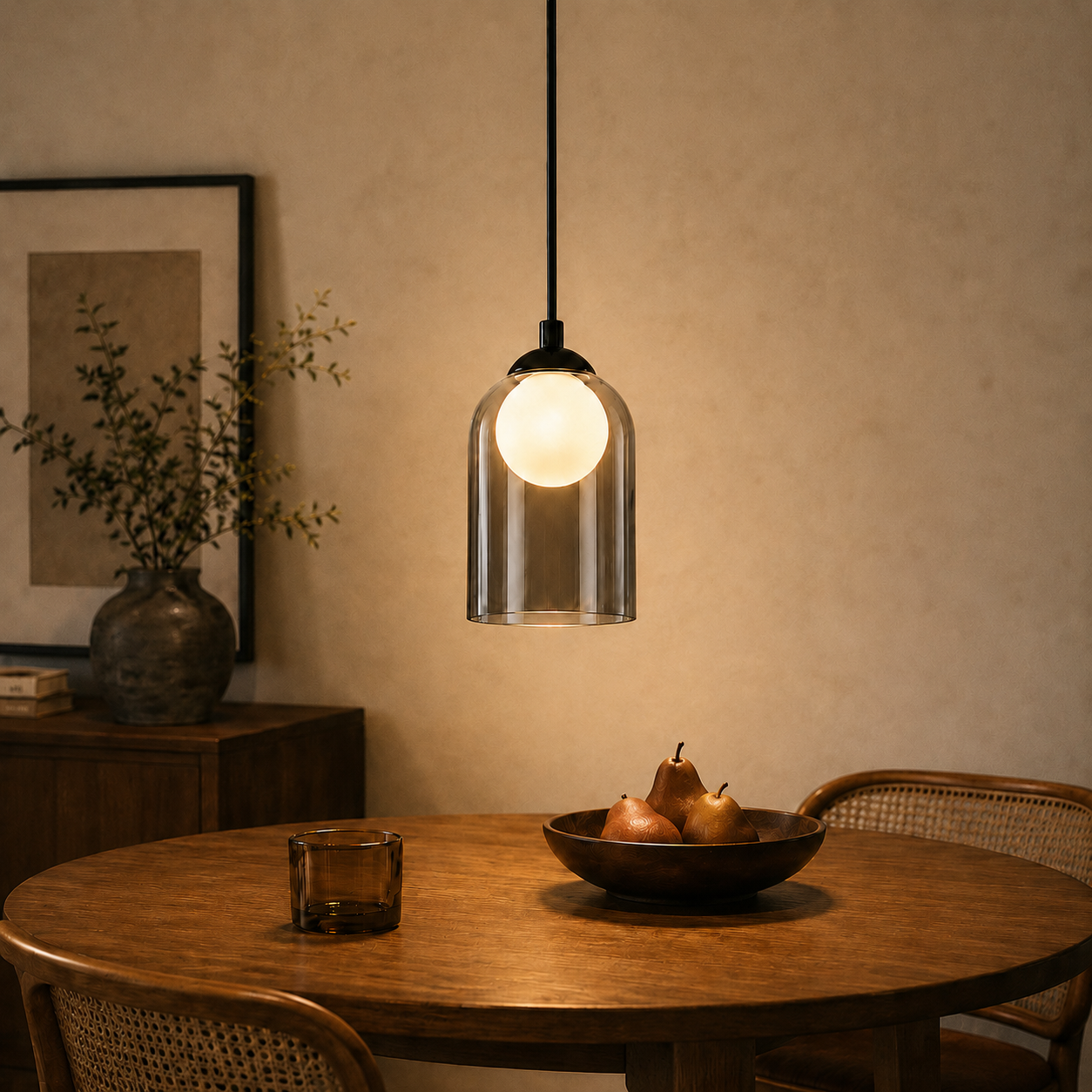 NETTLIFE 1st, Vintage, pendellampa, för matbord, rökgrå, G9, oval, höjdjusterbar