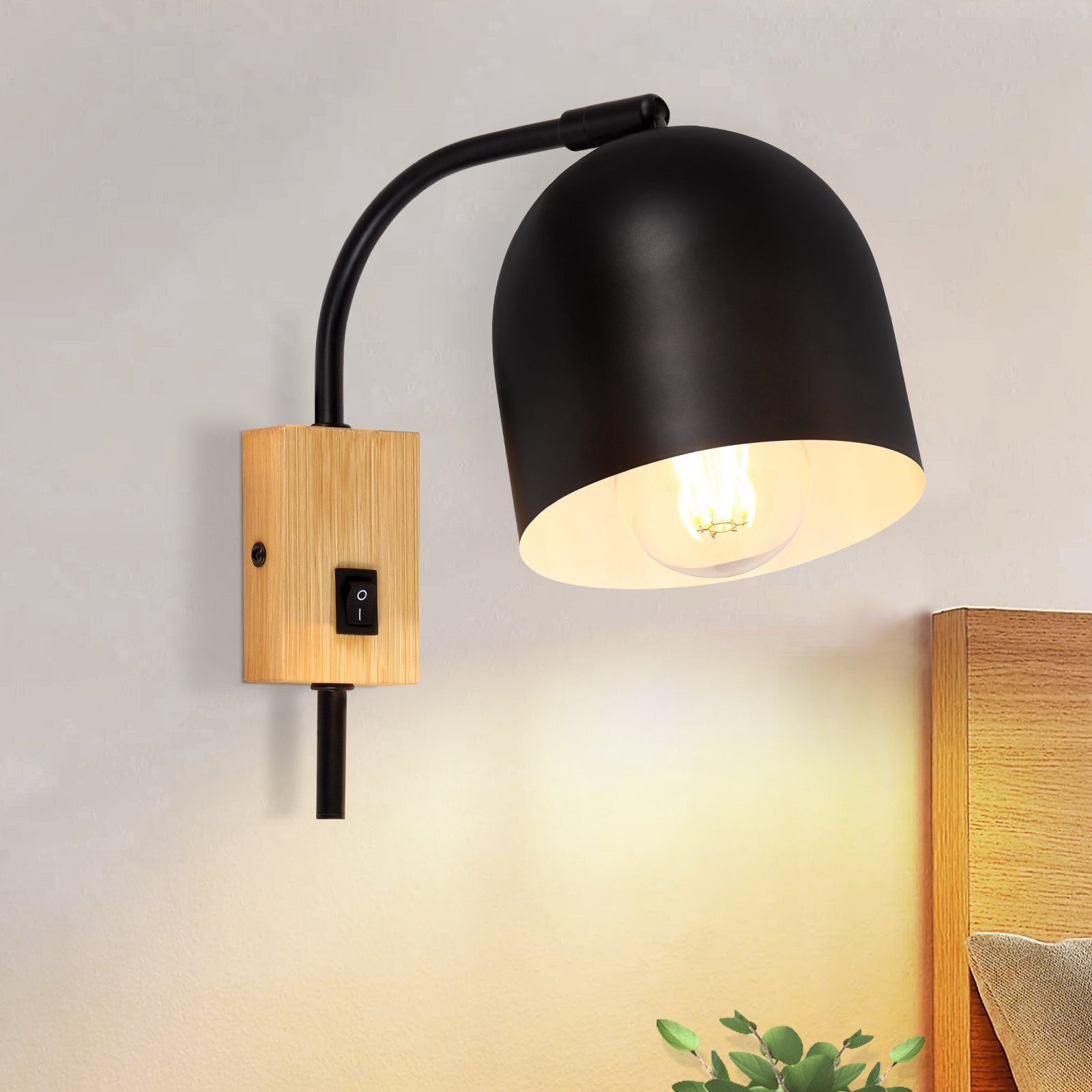 NETTLIFE - vägglampor, trävägglampa med strömbrytare - E27- vägglampa, justerbar vägglampa, svart metall, vintage - halllampa