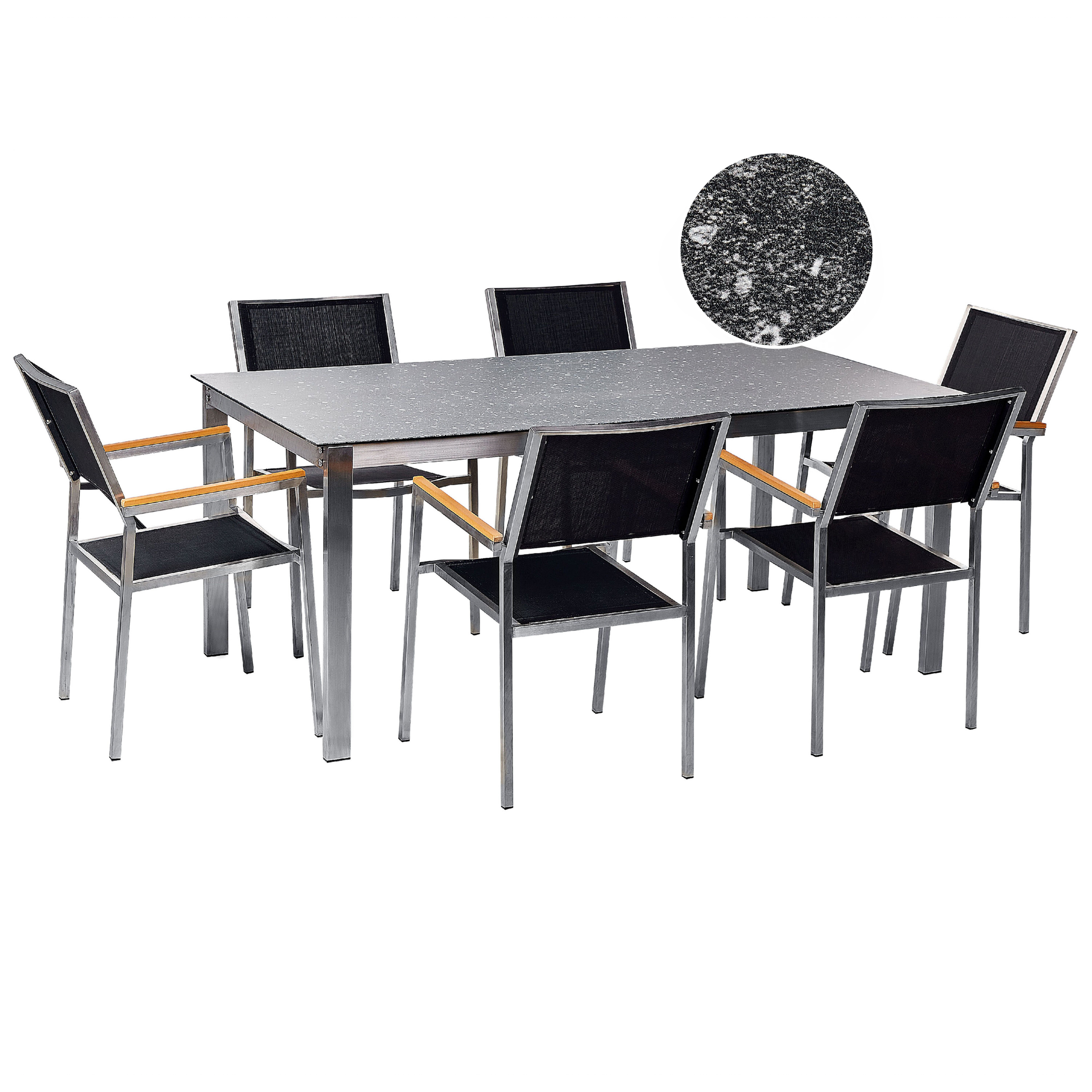 Trädgårdsmatgrupp 6-sits COSOLETO/GROSSETO Härdat glas Graniteffekt Svart