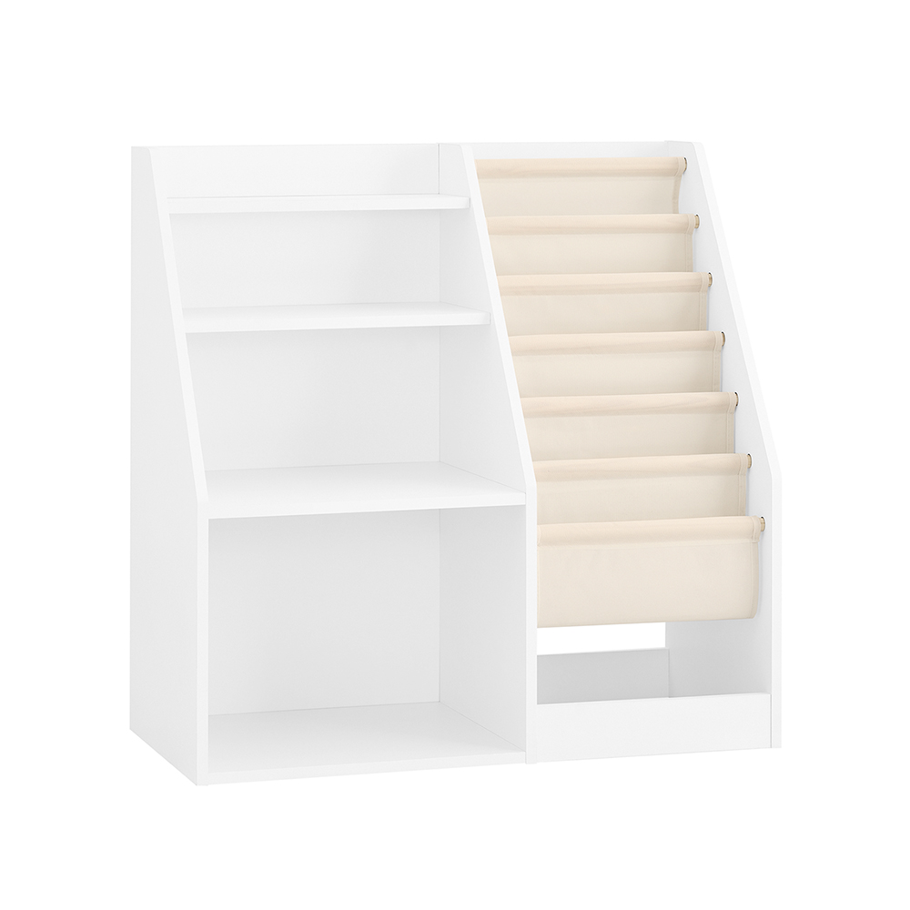 SoBuy Bokhylla barnbarnhylla Montessori med tygfickor, 3 hyllor och fiberfickor leksakshylla och förvaring barnrum möbler vit 80 x 80 x 40 cm KMB119-W