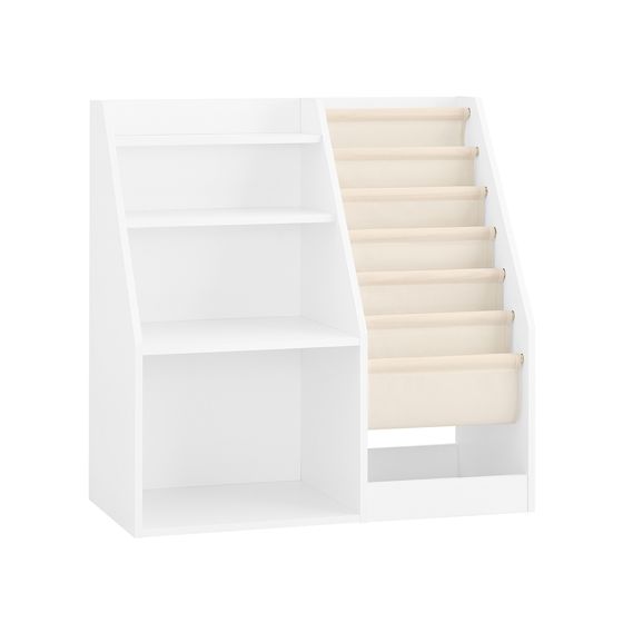 SoBuy Bokhylla barnbarnhylla Montessori med tygfickor, 3 hyllor och fiberfickor leksakshylla och förvaring barnrum möbler vit 80 x 80 x 40 cm KMB119-W