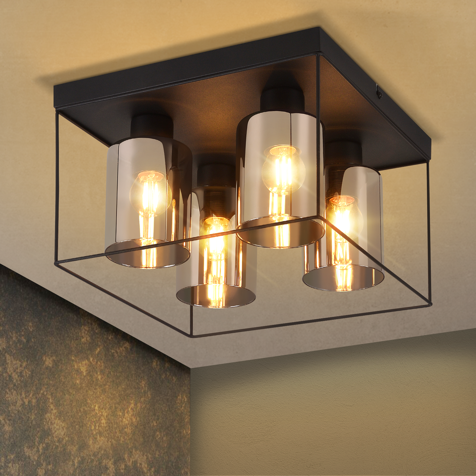 NETTLIFETaklampa, vardagsrumTaklampa, glas, 4 ljuskällor, E27Vintage, svart, industriell, stil, metall, retro