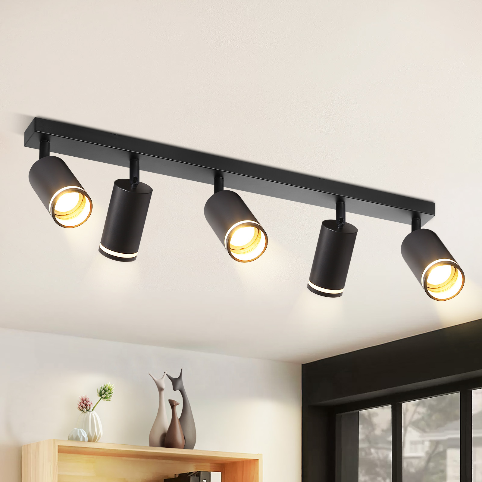 NETTLIFE Modern taklampa med 5 spots: Svart GU10-taklampa, 355° roterbar metalllampa för kök, vardagsrum utan glödlampa