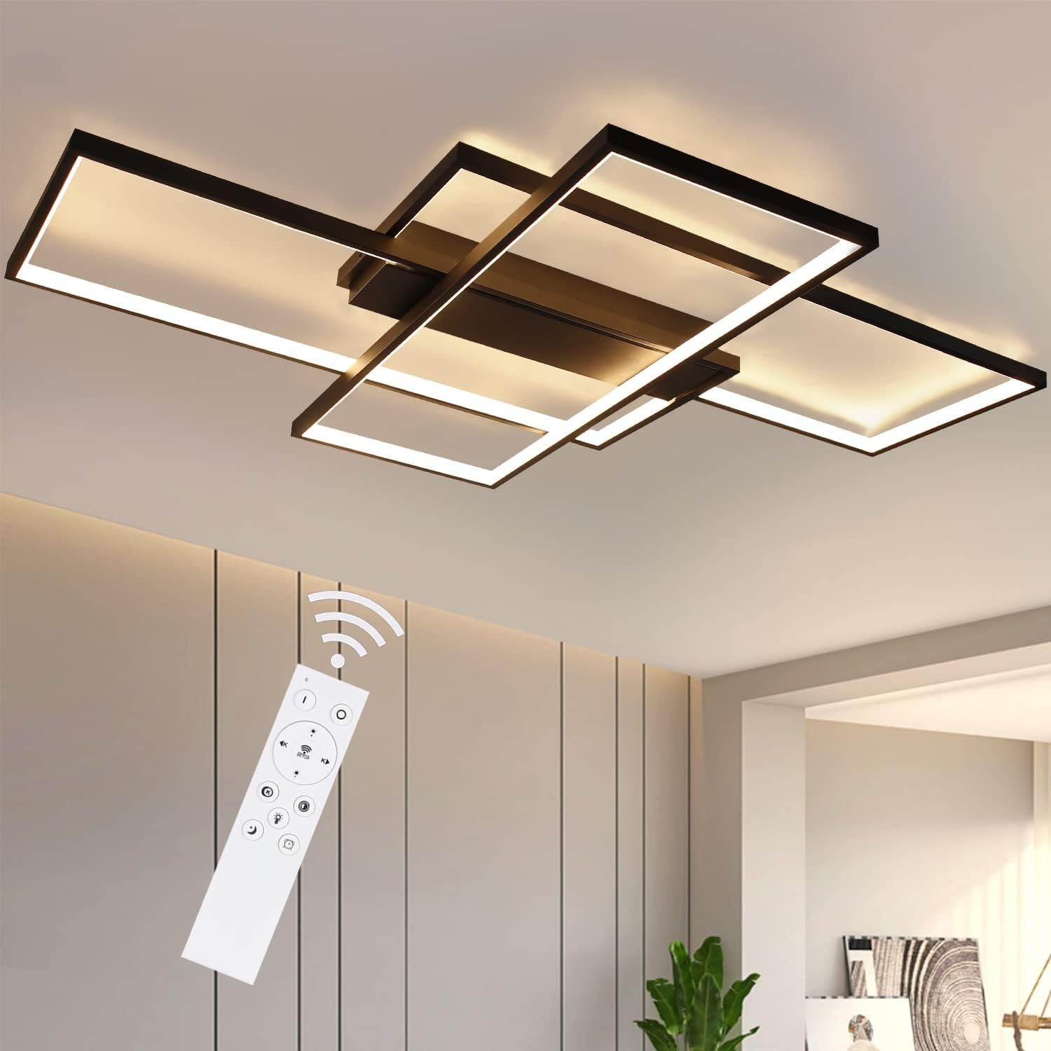 NETTLIFE Mattsvart LED-taklampa 3-delad, 100x70x8 cm, 88W, med fjärrkontroll
