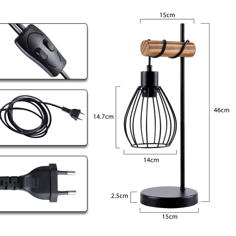 NETTLIFE Bordslampa för vardagsrum vintage bordslampa trä: svart nattlampa 1 ljus industriell design metall E27 sockel utan glödlampa