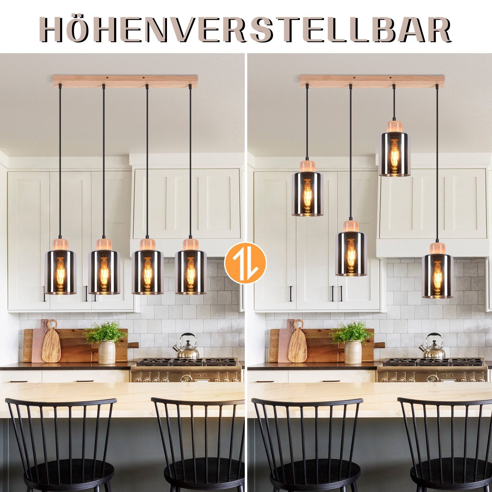 NETTLIFE matbordslampa, glaspendellampa, vintage matbordslampa, träpendellampa, 4 rökfärgade glaslågor, E27