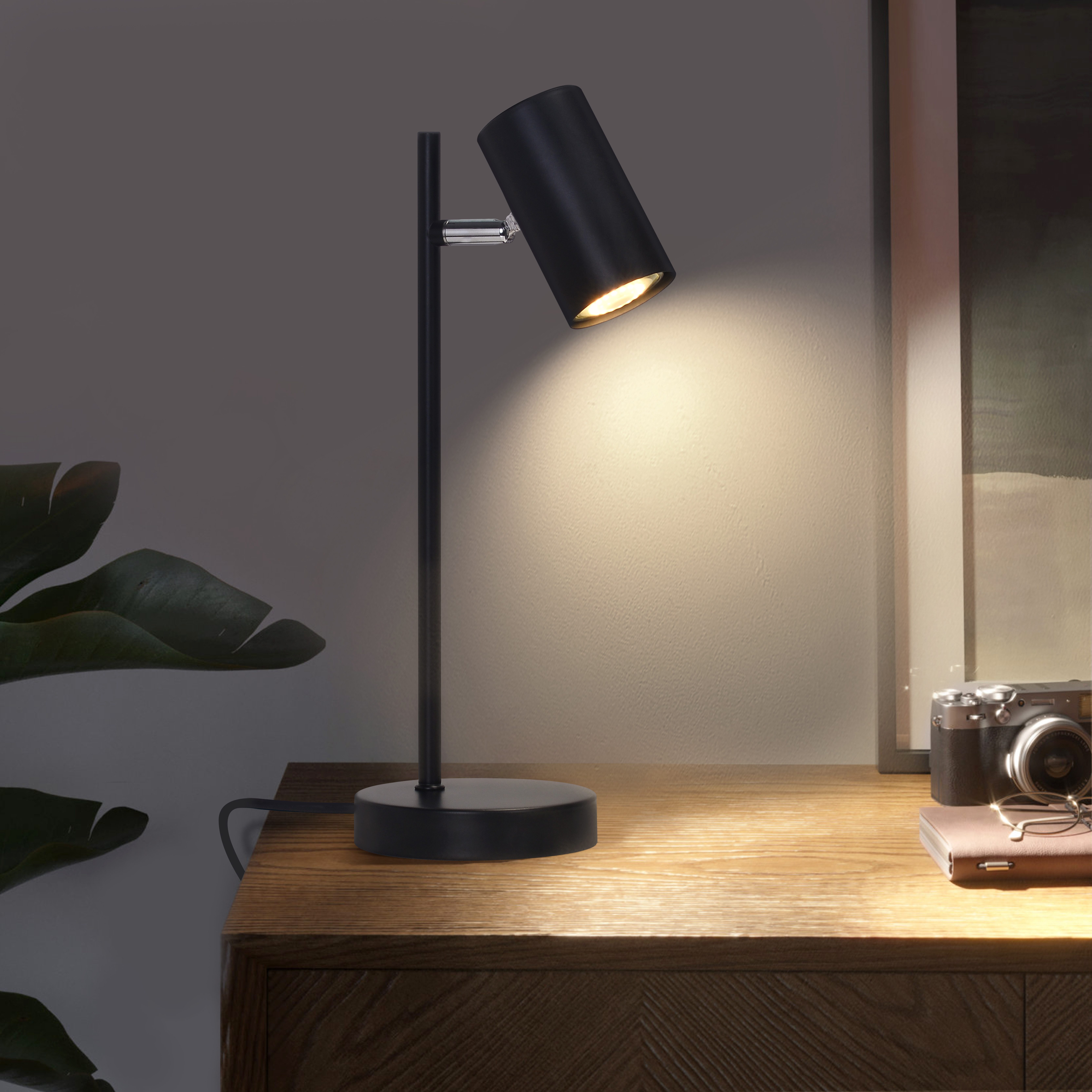 NETTLIFE Nattduksbordslampa, svart, för vardagsrum, vridbar 350°, GU10, metall, industriell stil