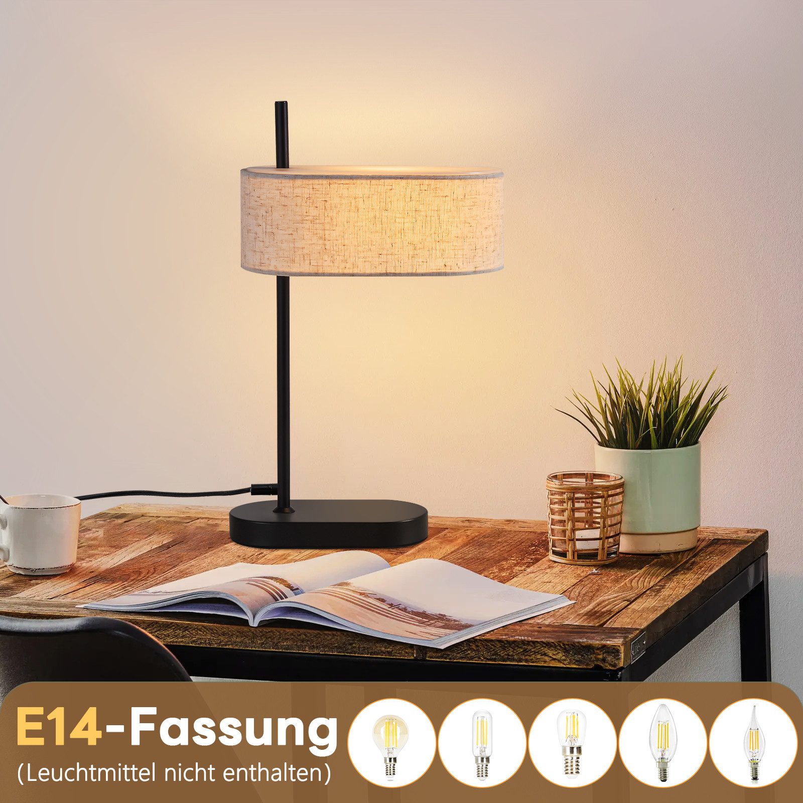 NETTLIFE Vintage - sovrum, sänglampa, 44,5 cm, E14 svart, linnetygskärm Med strömbrytare, utan glödlampa