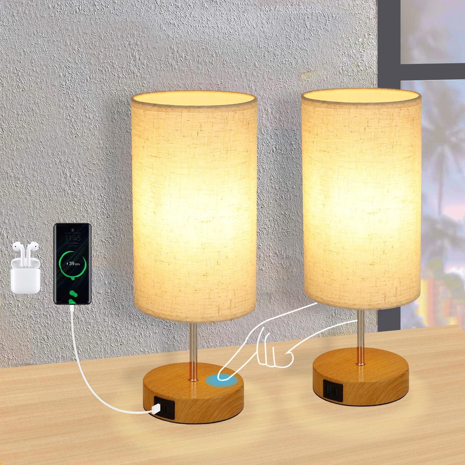 NETTLIFE Dimbar bordslampa med touchfunktion, E27, sänglampa, vardagsrum, modern tygskärm
