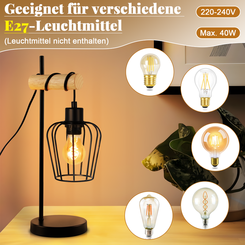 NETTLIFE bordslampa – svart vintagelampa i trä och metall, E27 (utan glödlampa)