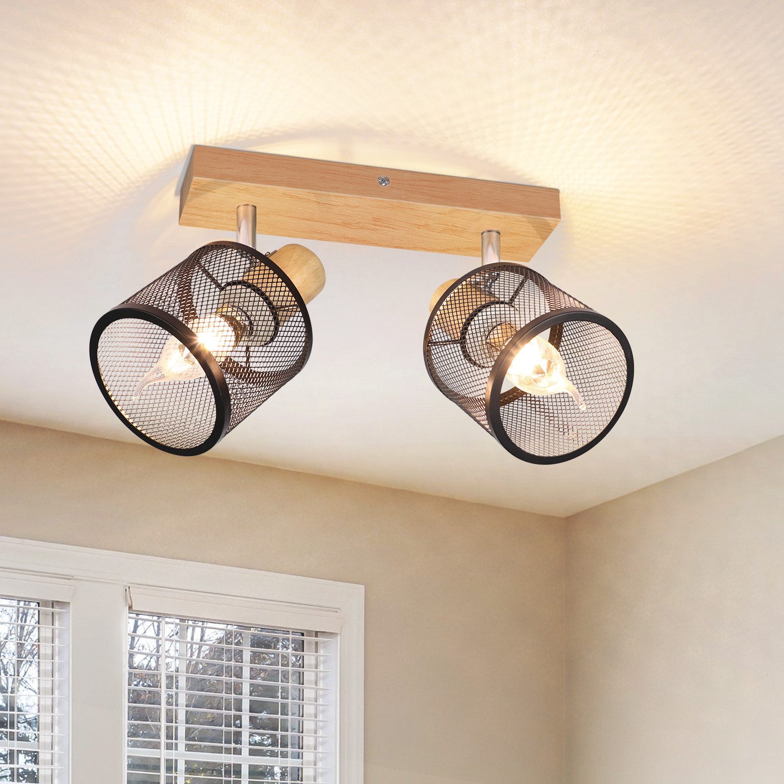 NETTLIFE Taklampa 2-punkts svart trämönster - taklampa E14 justerbar 350° 4 ljuskällor max 25 W modern för vardagsrum, sovrum