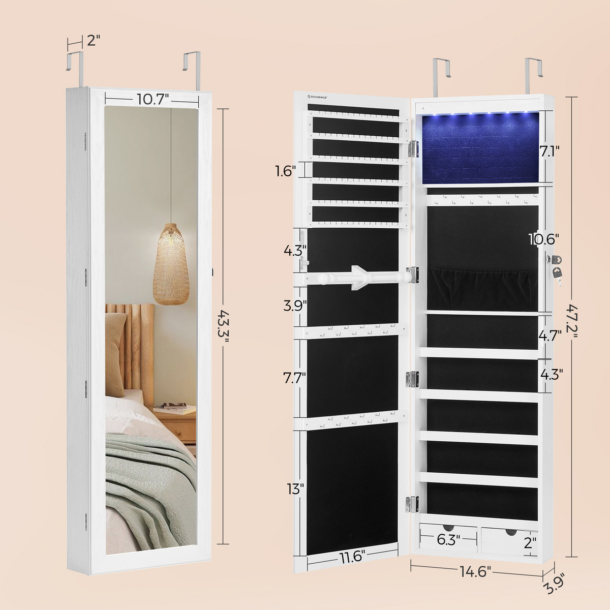 SONGMICS smyckesskåp med spegel, 2 lådor, med LED-belysning, låsbar, JJC093