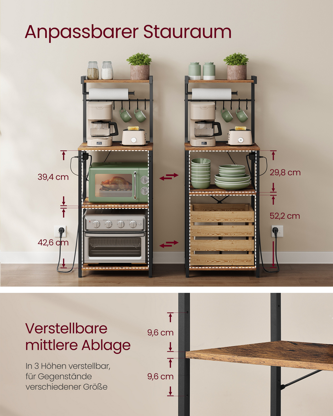 VASAGLE köksförvaringshylla, 4 nivåer, justerbar, 40 × 45 × 140 cm, KKS013