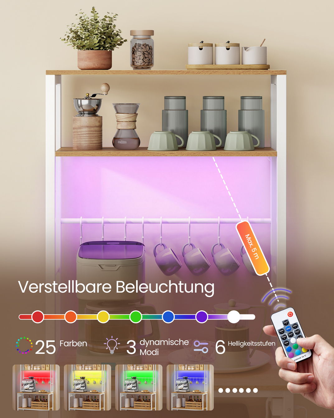 VASAGLE köksförvaringshylla, med grenuttag, med LED-belysning, justerbar, 40 × 60 × 168.4 cm, KKS049