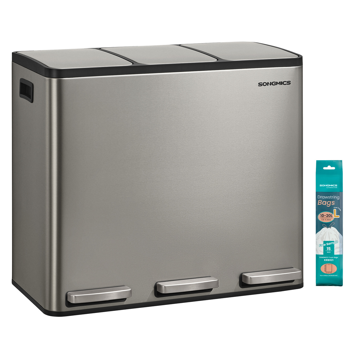 Songmics sorteringskärl, mjukstängande lock, 3 × 18 L, LTB254